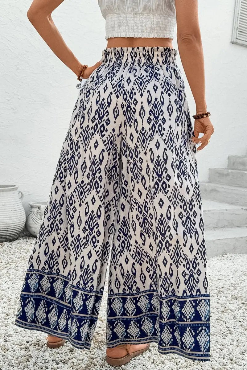 Blue Boho Pattern Print High Waist Wide Leg Loose Pants - Love Salve